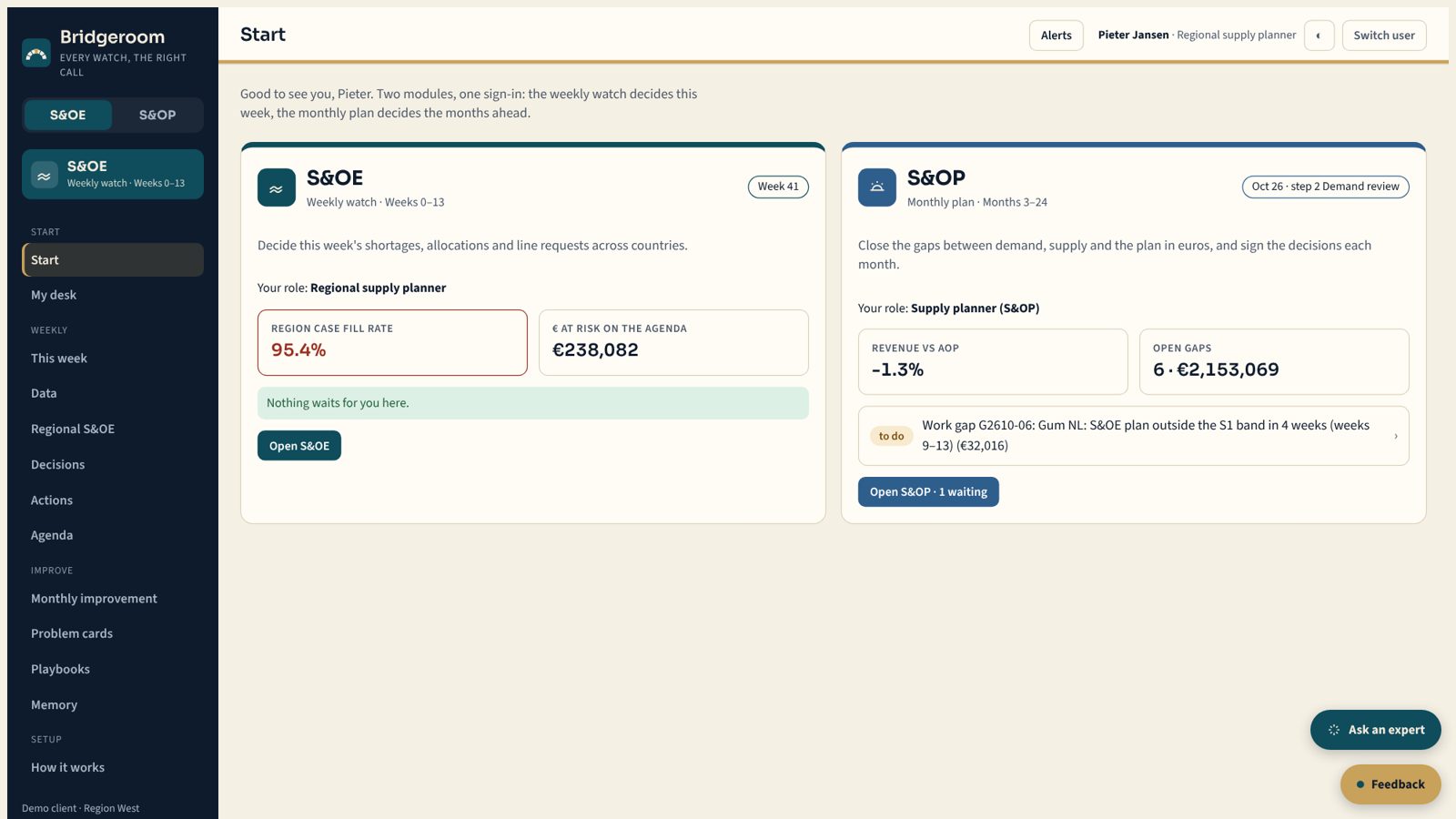 Bridgeroom start page with the S&OE and S&OP modules side by side, each with what waits for the user